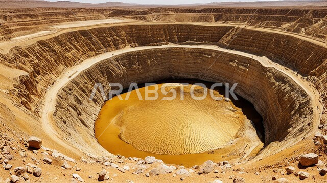 Easy access of large machinery to the depths of the mine through the terraces, a huge quarry in the desert areas of the Kingdom of Saudi Arabia, water collecting in a small lake due to drilling operations, authentic Arab gold mines, areas for prospecting for underground wealth and extracting natural resources