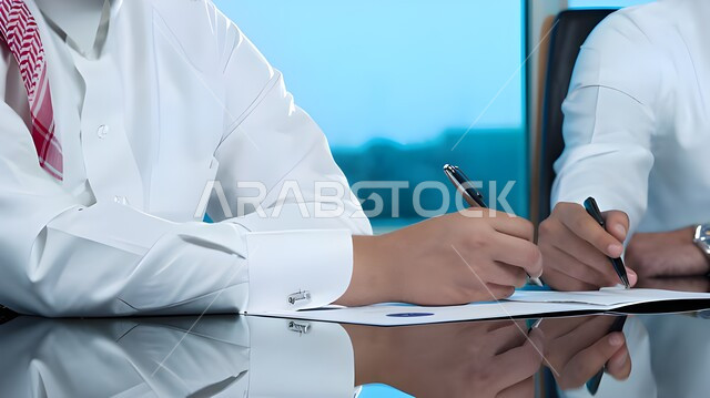 عقد الاتفاقيات و الصفقات التجارية, الموافقة على بنود و شروط العقد, دراسة و تطوير المشاريع الجديدة, صورة مقربة لرجلان عربيان خليجيان سعوديان يرتديان الثوب التقليدي و الشماغ يقومان بتوقيع وثيقة في مقر الشركة