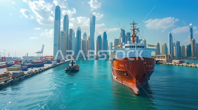 الاقتصاد البحري لنقل واستلام كونتينرات التخزين، ميناء شحن البضائع و الحاويات التجارية، مرفأ تجاري لتوصيل السلع والمنتجات المحلية عبر السفن في البحار، استيراد وتصدير البضاعة في المملكة العربية السعودية