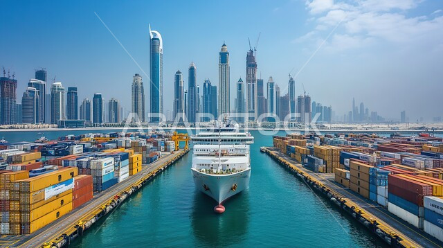 الاقتصاد البحري لنقل واستلام كونتينرات التخزين، ميناء شحن البضائع و الحاويات التجارية، مرفأ تجاري لتوصيل السلع والمنتجات المحلية عبر السفن في البحار، استيراد وتصدير البضاعة في المملكة العربية السعودية