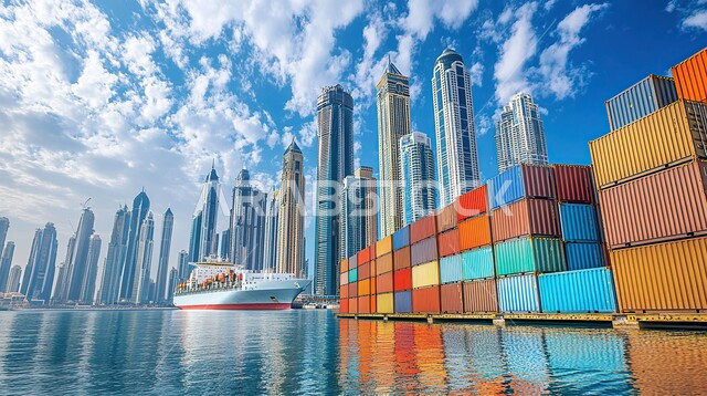 الاقتصاد البحري لنقل واستلام كونتينرات التخزين، ميناء شحن البضائع و الحاويات التجارية، مرفأ تجاري لتوصيل السلع والمنتجات المحلية عبر السفن في البحار، استيراد وتصدير البضاعة في المملكة العربية السعودية