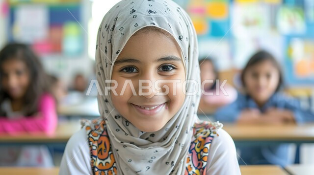 الحرص على التفوق والنجاح، المتابعة والتركيز على الدروس قي الفصل الدراسي، صورة مقربة لطالبة عربية خليجية سعودية محجبة تجلس على طاولة الدراسة تنظر إلى الكاميرا بإيماءات السعادة، مفهوم التعليم في المملكة العربية السعودية