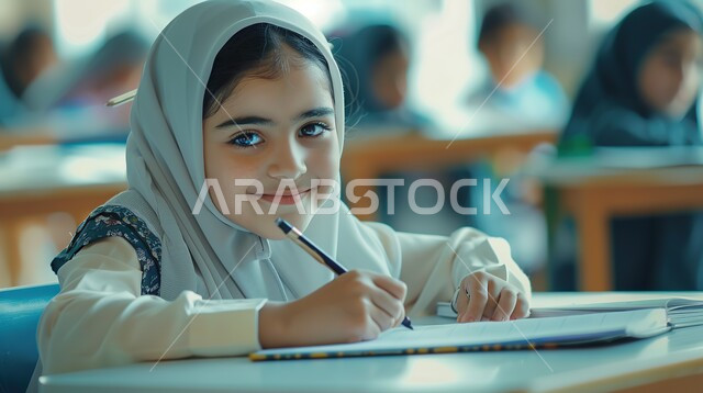 المتابعة والتركيز على الدروس قي الفصل الدراسي، صورة مقربة لطالبة عربية خليجية سعودية محجبة تجلس على طاولة الدراسة تنظر إلى الكاميرا بإيماءات السعادة، مفهوم التعليم في المملكة العربية السعودية، الحرص على التفوق والنجاح