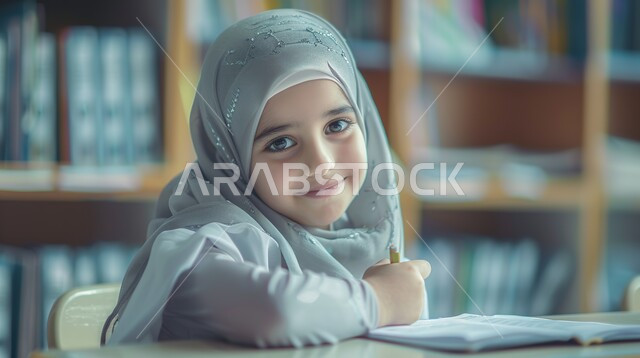 الحرص على التفوق والنجاح، المتابعة والتركيز على الدروس قي الفصل الدراسي، صورة مقربة لطالبة عربية خليجية سعودية محجبة تجلس على طاولة الدراسة تنظر إلى الكاميرا بإيماءات السعادة، مفهوم التعليم في المملكة العربية السعودية