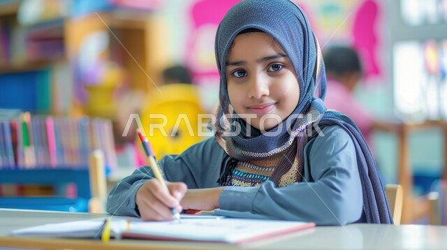 مفهوم التعليم في المملكة العربية السعودية، الحرص على التفوق والنجاح، المتابعة والتركيز على الدروس قي الفصل الدراسي، صورة مقربة لطالبة عربية خليجية سعودية محجبة تجلس على طاولة الدراسة تنظر إلى الكاميرا بإيماءات السعادة
