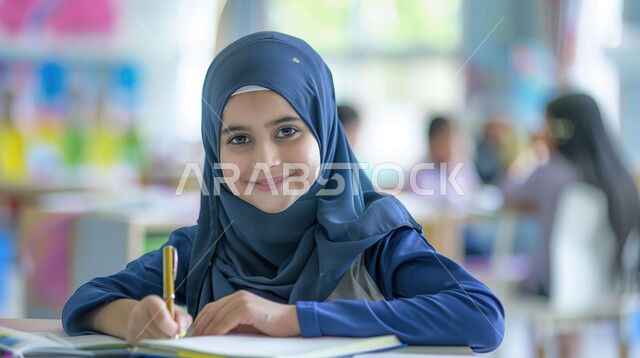 الحرص على التفوق والنجاح، المتابعة والتركيز على الدروس قي الفصل الدراسي، صورة مقربة لطالبة عربية خليجية سعودية محجبة تجلس على طاولة الدراسة تنظر إلى الكاميرا بإيماءات السعادة، مفهوم التعليم في المملكة العربية السعودية