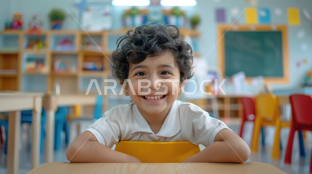 الحرص على التفوق والنجاح، المتابعة والتركيز على الدروس قي الفصل الدراسي، صورة مقربة لطالب عربي خليجي سعودي يجلس على طاولة الدراسة ينظر إلى الكاميرا بإيماءات السعادة، مفهوم التعليم في المملكة العربية السعودية