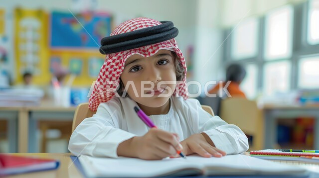 المتابعة والتركيز على الدروس قي الفصل الدراسي، صورة مقربة لطالب عربي خليجي سعودي يجلس على طاولة الدراسة ينظر إلى الكاميرا بإيماءات السعادة، مفهوم التعليم في المملكة العربية السعودية، الحرص على التفوق والنجاح