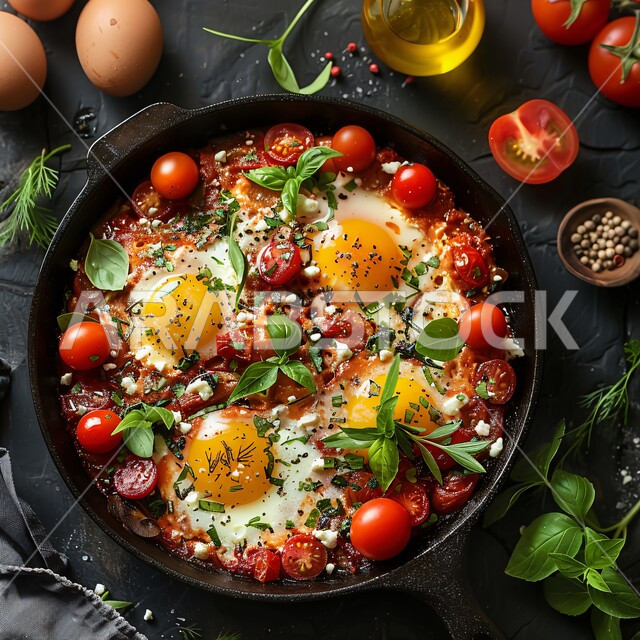 A plate full of healthy proteins, a useful and quick breakfast, diet meals, a close-up of a plate of fried eggs with cherry tomatoes and herbs, traditional breakfast dishes, fresh and nutritious foods, the art of presenting oriental foods in the Kingdom of Saudi Arabia