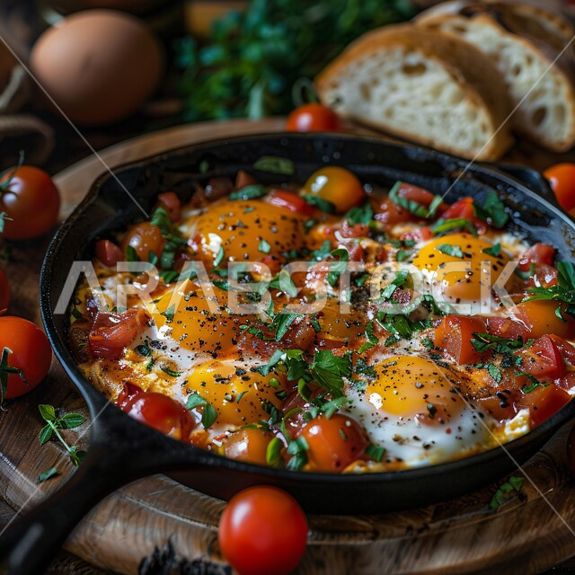 A plate full of healthy proteins, a useful and quick breakfast, diet meals, a close-up of a plate of fried eggs with cherry tomatoes and herbs, traditional breakfast dishes, fresh and nutritious foods, the art of presenting oriental foods in the Kingdom of Saudi Arabia