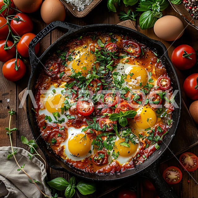 وجبة فطور صباحية مفيدة وسريعة، الطبق المليء بالبروتينات الصحية، وجبات اتباع الحميات الغذائية، صورة مقربة لطبق البيض المقلي مع الطماطم الكرزية والصلصة الحارة المزينة بالأعشاب، أطباق إفطار تقليدية، مأكولات طازجة مغذية، فنون تقديم الأطعمة الشرقية في المملكة العربية السعودية