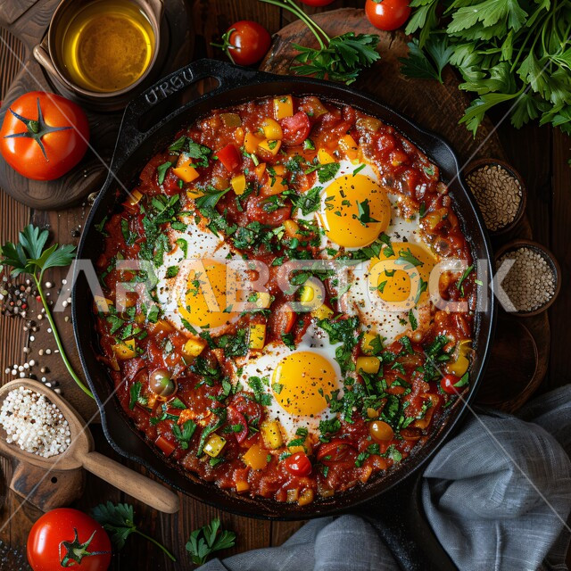 وجبة فطور صباحية مفيدة وسريعة، الطبق المليء بالبروتينات الصحية، وجبات اتباع الحميات الغذائية، صورة مقربة لطبق البيض المقلي مع الطماطم الكرزية والصلصة الحارة المزينة بالأعشاب، أطباق إفطار تقليدية، مأكولات طازجة مغذية، فنون تقديم الأطعمة الشرقية في المملكة العربية السعودية