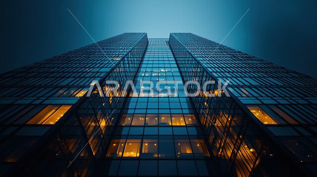 Urban growth and progress in the Kingdom of Saudi Arabia, modern architectural engineering of residential and commercial buildings, a view from below of huge towers and skyscrapers