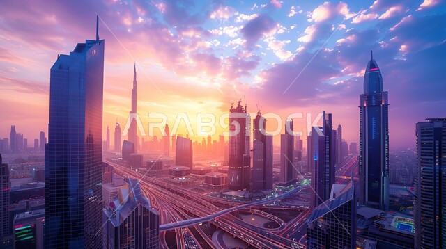 Urban growth and progress in the Kingdom of Saudi Arabia, modern architectural engineering of residential and commercial facilities, view of towers and skyscrapers at sunset, cities and tourist places