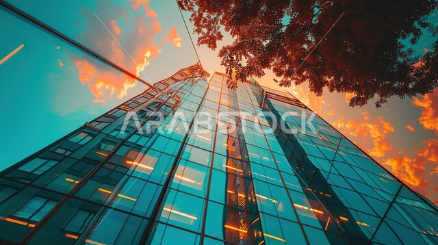 الفن الهندسي المعماري للمنشآت السكنية والتجارية على الطراز الحديث، صورة من الاسفل للأبراج وناطحات السحاب الضخمة، النمو والتقدم العمراني في المملكة العربية السعودية
