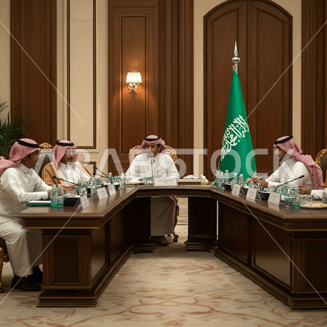 اساليب العمل في الشركات العربية الخليجية السعودية، مجموعة من الرجال العرب الخليجيين السعوديين يرتدون الثوب التقليدي والشماغ يجلسون في قاعة اجتماعات، الحوارات والنقاشات لاتخاذ القرارات الصحيحة، وضع الخطط لتحقيق أهداف الشركة