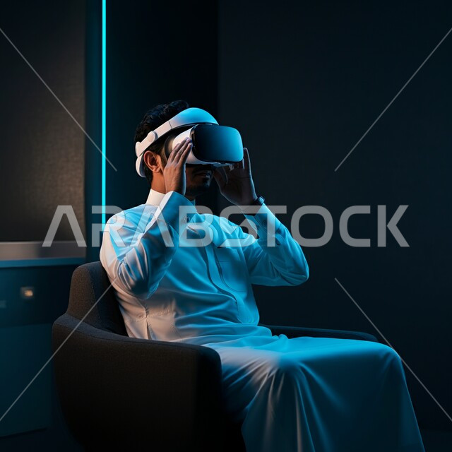 Virtual world simulation, wearing virtual reality glasses, using modern technical devices, close-up of a Saudi Arabian Gulf man wearing traditional thobe and shemagh wearing 3D VR glasses