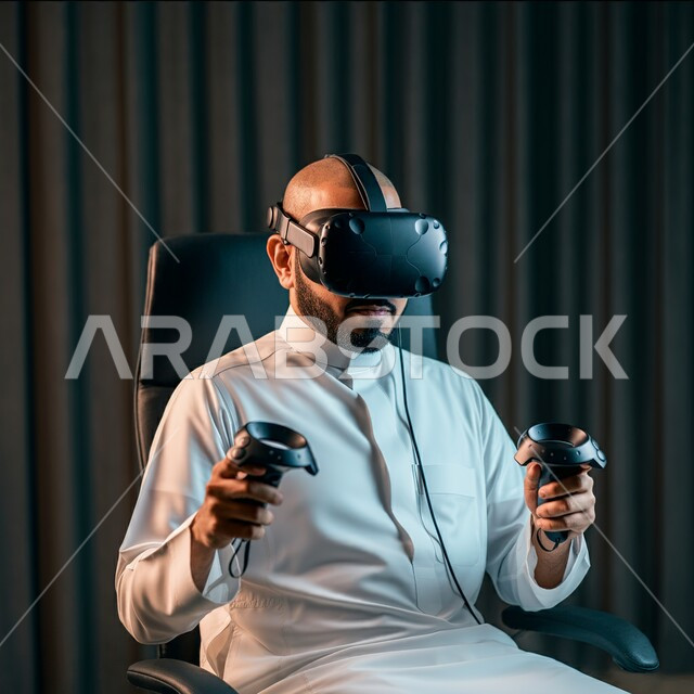 Virtual world simulation, wearing virtual reality glasses, using modern technical devices, close-up of a Saudi Arabian Gulf man wearing traditional thobe and shemagh wearing 3D VR glasses