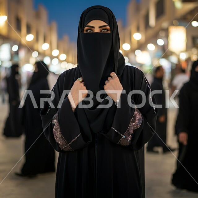 مفهوم الانوثة والحشمة، قضاء وقت ممتع في الخارج، صورة مقربة لإمرأة خليجية منقبة ترتدي العباءة تنظر إلى الكاميرا، التسوق والتنزه في الأماكن العامة