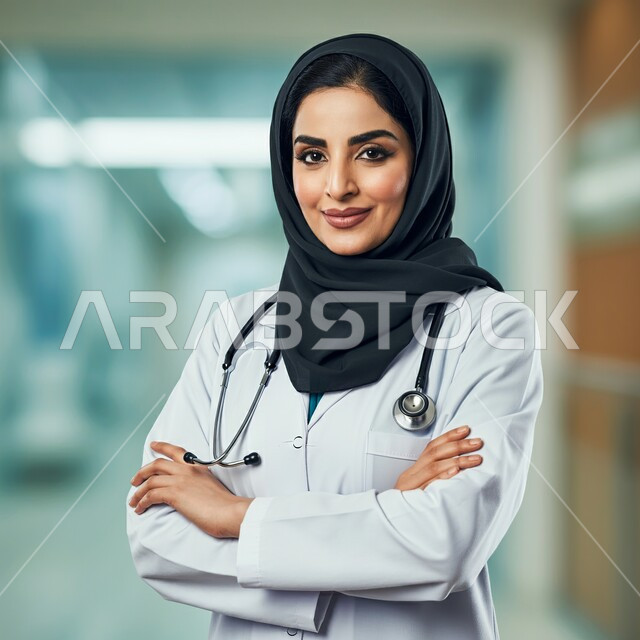 Working in hospitals and medical centers, a close-up portrait of a veiled, smiling Saudi Arabian Gulf doctor wearing a white coat, standing with crossed hands looking at the camera with gestures of self-confidence, medical examination and providing health services to patients, brown background