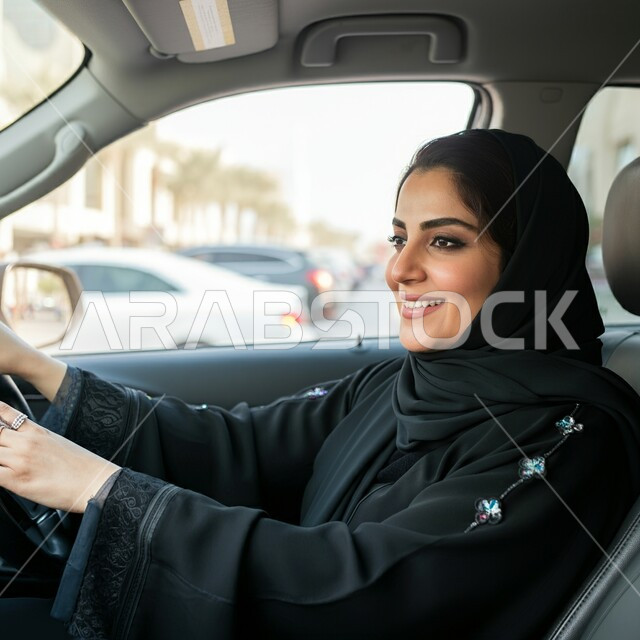 القيادة بحذر واتباع قواعد السلامة، قضاء وقت ممتع في الخارج، ايماءات السرور والسعادة، صورة مقربة من الجانب لامرأة عربيه خليجية سعودية مبتسمة ترتدي الحجاب والعباءة تجلس في مقعد السيارة، مفهوم الاستقلال و الحرية و الاعتماد على النفس