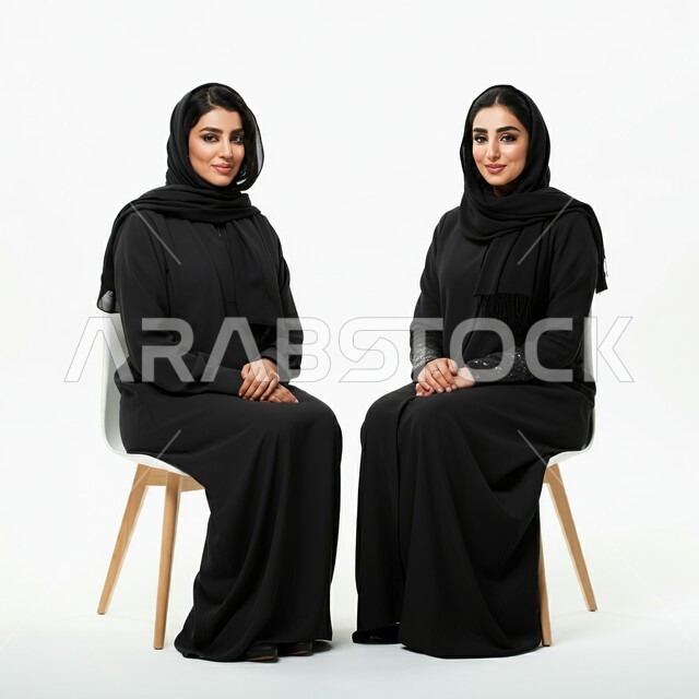 Caring about elegance and appearance, happy women's sessions, portrait of two Saudi Arabian Gulf women wearing hijab and abaya sitting on a chair, looking at the camera with expressions of happiness and pleasure to see friends, white background