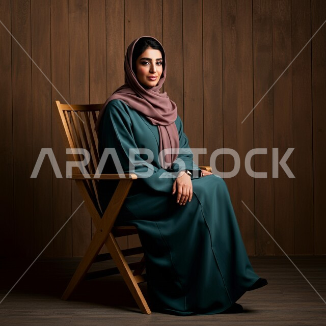 تصاميم أزياء للمحجبات عصرية حديثة، الاهتمام بالمظهر الخارجي و الأناقة، بوتريه مقرب لامرأة عربية خليجية سعودية مبتسمة محجبة ترتدي عباءة تجلس على الكرسي