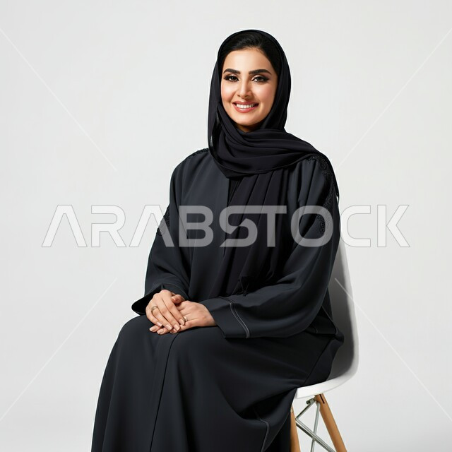 تصاميم أزياء للمحجبات عصرية حديثة، الاهتمام بالمظهر الخارجي و الأناقة، بوتريه مقرب لامرأة عربية خليجية سعودية مبتسمة محجبة ترتدي عباءة تجلس على الكرسي