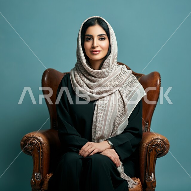 Modern fashion designs for veiled women, attention to external appearance and elegance, close-up portrait of a smiling, veiled Saudi Arabian Gulf woman wearing an abaya sitting on a chair