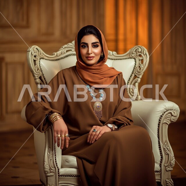 تصاميم أزياء للمحجبات عصرية حديثة، الاهتمام بالمظهر الخارجي و الأناقة، بوتريه مقرب لامرأة عربية خليجية سعودية مبتسمة محجبة ترتدي عباءة تجلس على الكرسي