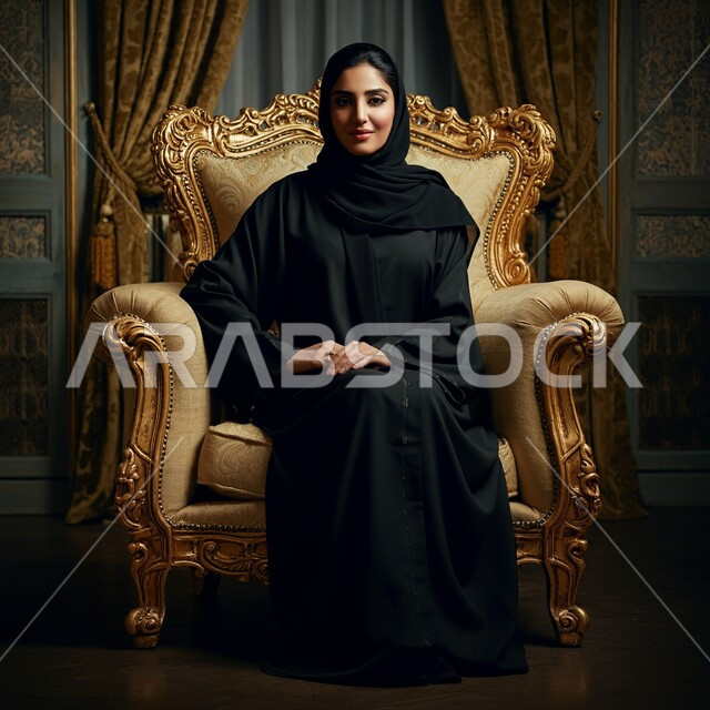 تصاميم أزياء للمحجبات عصرية حديثة، الاهتمام بالمظهر الخارجي و الأناقة، بوتريه مقرب لامرأة عربية خليجية سعودية مبتسمة محجبة ترتدي عباءة تجلس على الكرسي