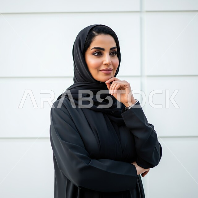 مفهوم الثقة بالنفس, تصاميم أزياء للمحجبات عصرية حديثة، الاهتمام بالمظهر الخارجي و الأناقة، بورتريه مقرب لامرأة عربية خليجية سعودية مبتسمة محجبة ترتدي عباءة سوداء تضع يدها على ذقنها وتنظر بإيماءات التفكير والتأمل، محاولة إيجاد حل لشيء ما، خلفية بيضاء