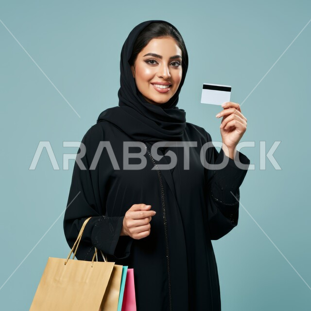 مفهوم التسوق الالكتروني, شراء المنتجات و الدفع عن بعد, بورتريه لامرأة عربية خليجية سعودية محجبة مبتسمة ترتدي العباءة السوداء تحمل بيدها أكياس ورقية و بطاقة الائتمان البنكية, خلفية زرقاء