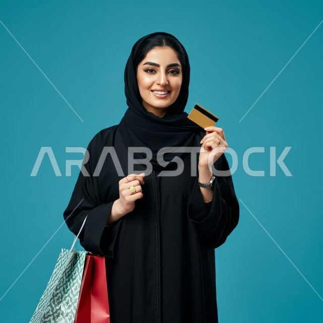 مفهوم التسوق الالكتروني, شراء المنتجات و الدفع عن بعد, بورتريه لامرأة عربية خليجية سعودية محجبة مبتسمة ترتدي العباءة السوداء تحمل بيدها أكياس ورقية و بطاقة الائتمان البنكية, خلفية زرقاء