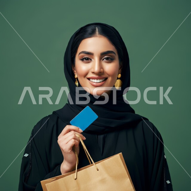 مفهوم التسوق الالكتروني, شراء المنتجات و الدفع عن بعد, بورتريه لامرأة عربية خليجية سعودية محجبة مبتسمة ترتدي العباءة السوداء تحمل بيدها أكياس ورقية و بطاقة الائتمان البنكية, خلفية خضراء