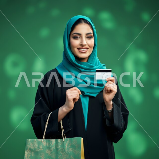 مفهوم التسوق الالكتروني, شراء المنتجات و الدفع عن بعد, بورتريه لامرأة عربية خليجية سعودية محجبة مبتسمة ترتدي العباءة السوداء تحمل بيدها أكياس ورقية و بطاقة الائتمان البنكية, خلفية خضراء