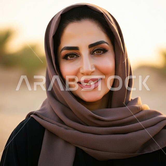 النظر إلى الكاميرا بإيماءات السعادة و السرور, الاهتمام بالمظهر الخارجي و الأناقة، بوتريه مقرب لامرأة عربية خليجية سعودية مبتسمة محجبة ترتدي عباءة سوداء, مفهوم الثقة بالنفس, تصاميم أزياء للمحجبات عصرية حديثة