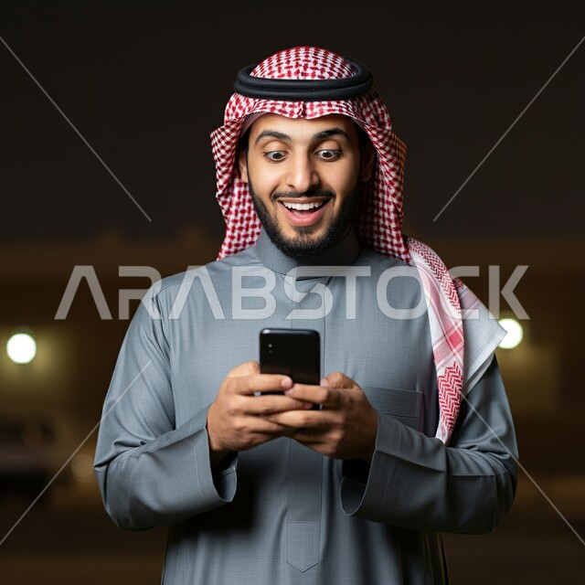 استخدام الأجهزة التقنية الحديثة, صورة لشاب عربي خليجي سعودي مبتسم يرتدي الثوب التقليدي والشماغ يمسك الهاتف المحمول بيده, التعجب والصدمة من حصول أمر ما، الذهول لسماع خبر مفاجئ، خلفية سوداء