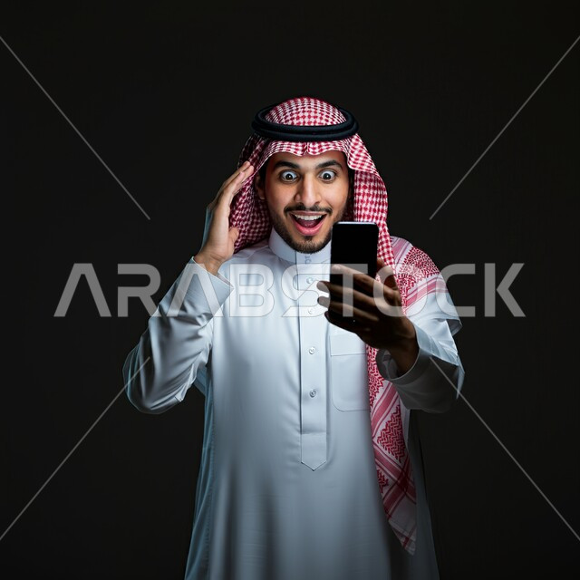 Using modern technical devices, a picture of a smiling young Saudi Arabian Gulf man wearing traditional thobe and shemagh holding a mobile phone in his hand, astonishment and shock at something happening, amazement at hearing surprising news, black background