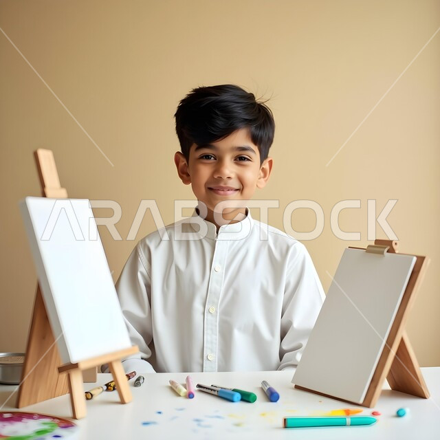 تنمية المهارات الفنية في الروضات الإماراتية، بورتريه مقرب لولد عربي خليجي سعودي يرتدي الثوب التقليدي ينظر الى الكاميرا بايماءات السعادة والسرور يقوم بالرسم والتلوين بالألوان الخشبية, مفهوم الاهتمام بالهوايات, خلفية بيج