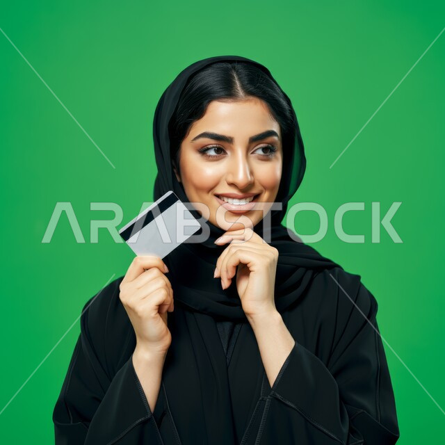 Purchase and payment by bank credit card, gestures and expressions of happiness and pleasure, possibility of paying bills by electronic cards, close-up portrait of a veiled Saudi Arabian Gulf woman holding an ATM card in her hand, green background