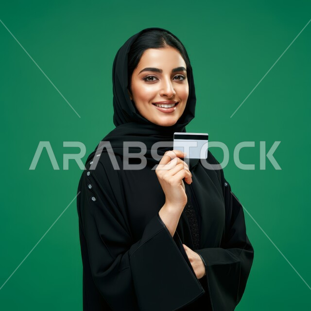 Purchase and payment by bank credit card, gestures and expressions of happiness and pleasure, possibility of paying bills by electronic cards, close-up portrait of a veiled Saudi Arabian Gulf woman holding an ATM card in her hand, green background