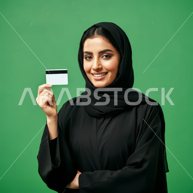 الشراء والدفع عن طريق بطاقة الإئتمان البنكية، إيماءات وتعابير السعادة والسرور، إمكانية تسديد الفواتير بالبطاقات الإلكترونية، بورتريه مقرب لسيدة عربية خليجية سعودية محجبة تحمل بيدها بطاقة الصراف، خلفية خضراء