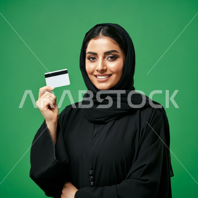 Purchase and payment by bank credit card, gestures and expressions of happiness and pleasure, possibility of paying bills by electronic cards, close-up portrait of a veiled Saudi Arabian Gulf woman holding an ATM card in her hand, green background