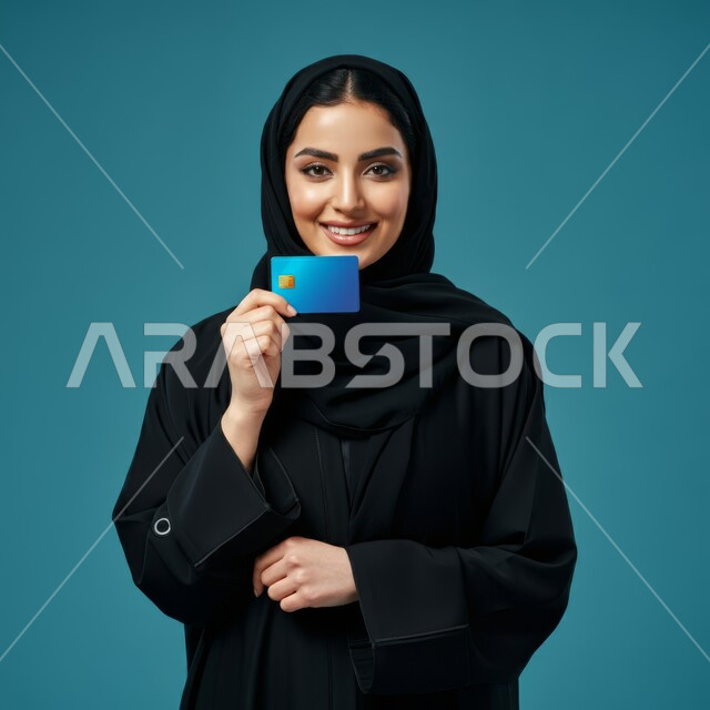 الشراء والدفع عن طريق بطاقة الإئتمان البنكية، إيماءات وتعابير السعادة والسرور، إمكانية تسديد الفواتير بالبطاقات الإلكترونية، بورتريه مقرب لسيدة عربية خليجية سعودية محجبة تحمل بيدها بطاقة الصراف، خلفية زرقاء