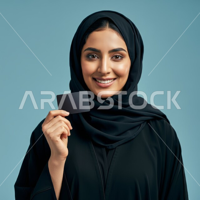 Purchase and payment by bank credit card, gestures and expressions of happiness and pleasure, possibility of paying bills by electronic cards, close-up portrait of a veiled Saudi Arabian Gulf woman holding an ATM card in her hand, blue background