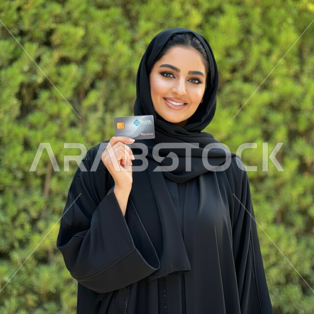 Purchase and payment by bank credit card, gestures and expressions of happiness and pleasure, possibility of paying bills by electronic cards, close-up portrait of a veiled Saudi Arabian Gulf woman holding an ATM card in her hand, natural background