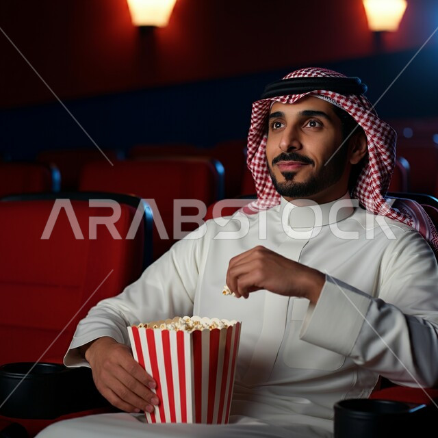 تناول الوجبات الخفيفة والسناك، صورة لشاب عربي خليجي سعودي يرتدي الثوب التقليدي والشماغ يجلس في قاعة السينما يحمل بيده كيس من الفوشار، القيام بنشاطات ترفيهية ممتعة, مشاهدة الأفلام والمسرحيات والعروض المتنوعة