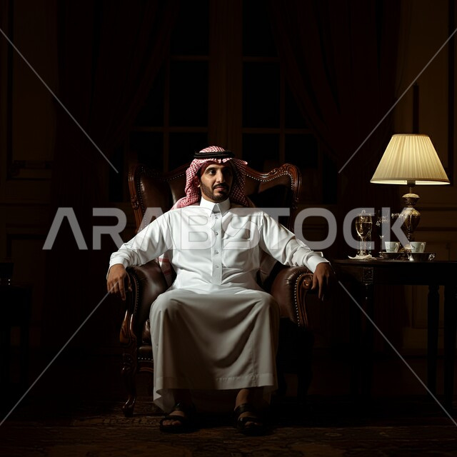 مفهوم الرجولة والأناقة, الاهتمام والعناية بالمظهر الخارجي، الأزياء التراثية العصرية، صورة لرجل عربي خليجي سعودي يرتدي الغترة البيضاء والثوب التقليدي يجلس على كرسي مريح، خلفية سوداء