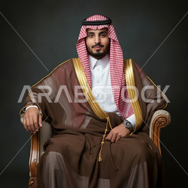 مفهوم الرجولة والأناقة, الاهتمام والعناية بالمظهر الخارجي، الأزياء التراثية العصرية، بورتريه لرجل عربي خليجي سعودي يرتدي الشماغ والبشت التقليدي يجلس على كرسي مريح ينظر الى الكاميرا بايماءات الثقة بالنفس، خلفية سوداء